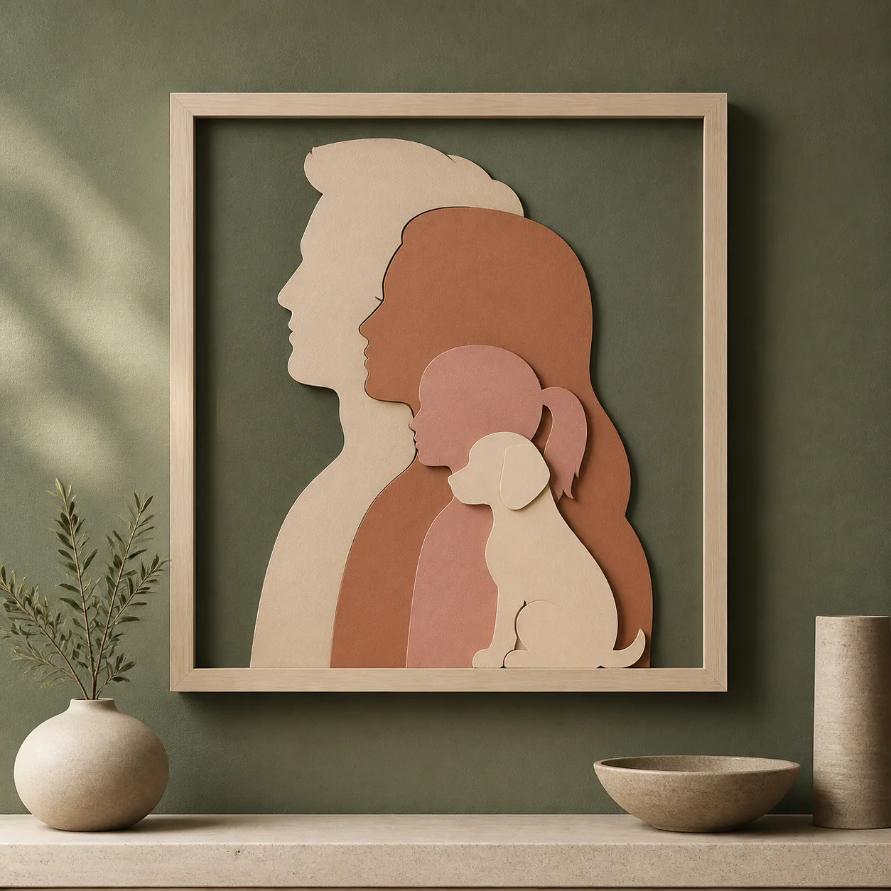 Concept imagery: layered family silhouette relief in a pale timber frame