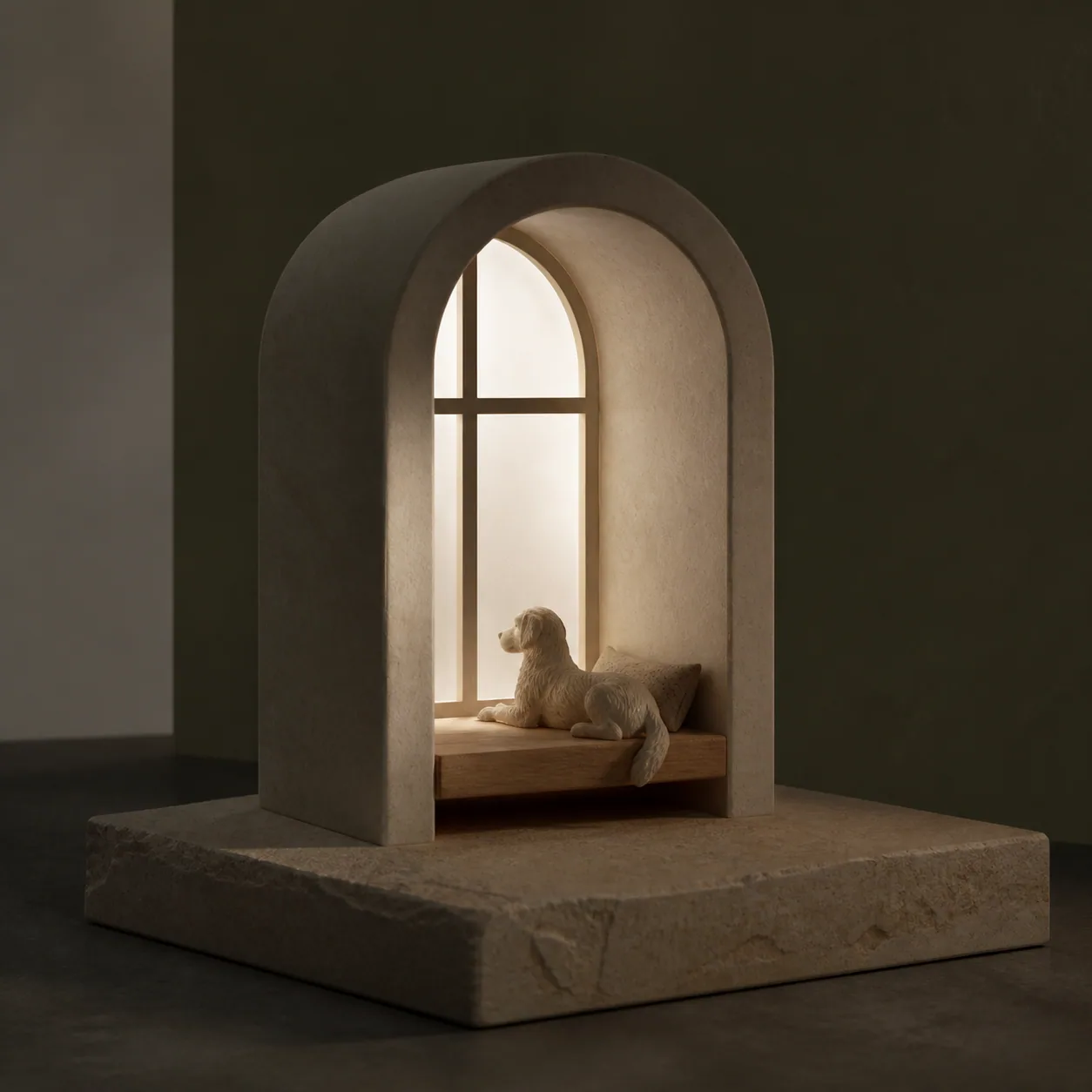 Concept imagery: concept-case cover of a companion animal beside a simplified window seat