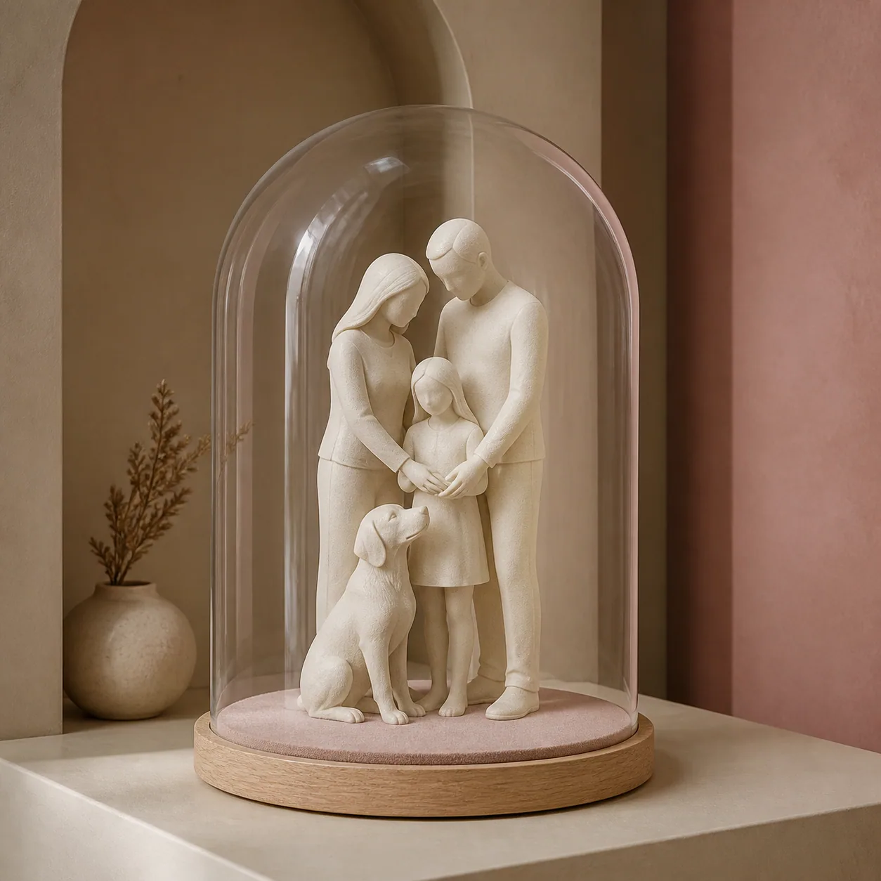 Concept imagery: family and companion-animal sculpture under a clear acrylic dome