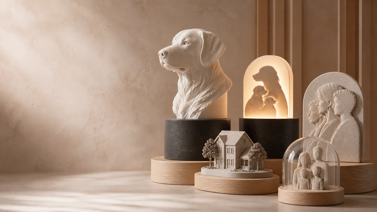 Pre-launch concept poster showing a gallery of sculptural pet and family keepsakes