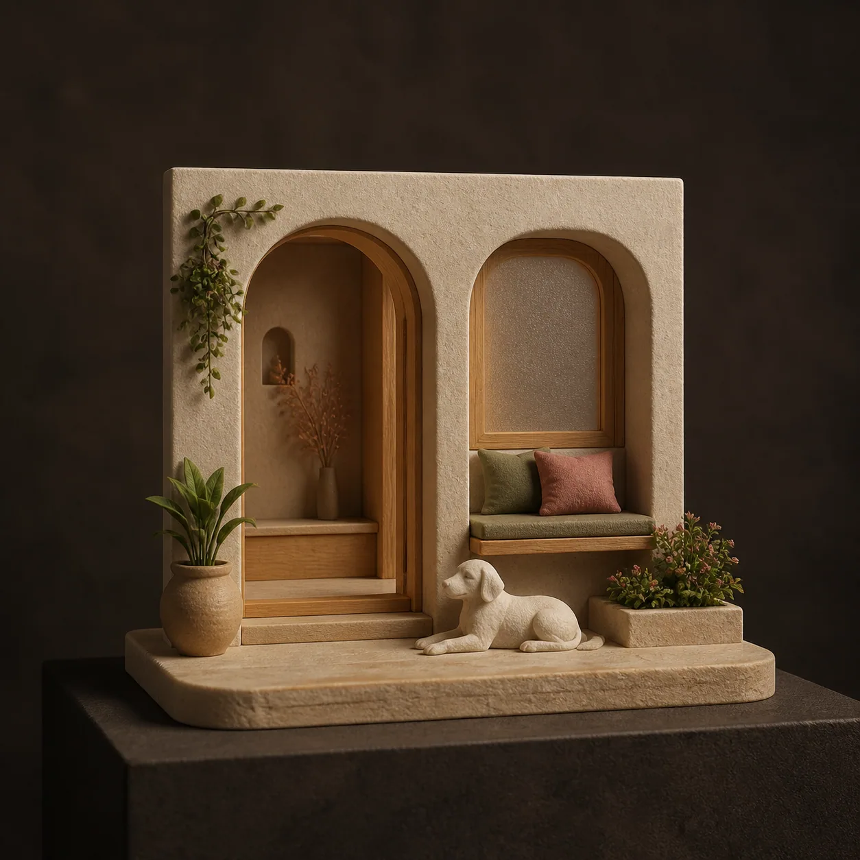 Concept imagery: miniature home entry scene with a companion animal