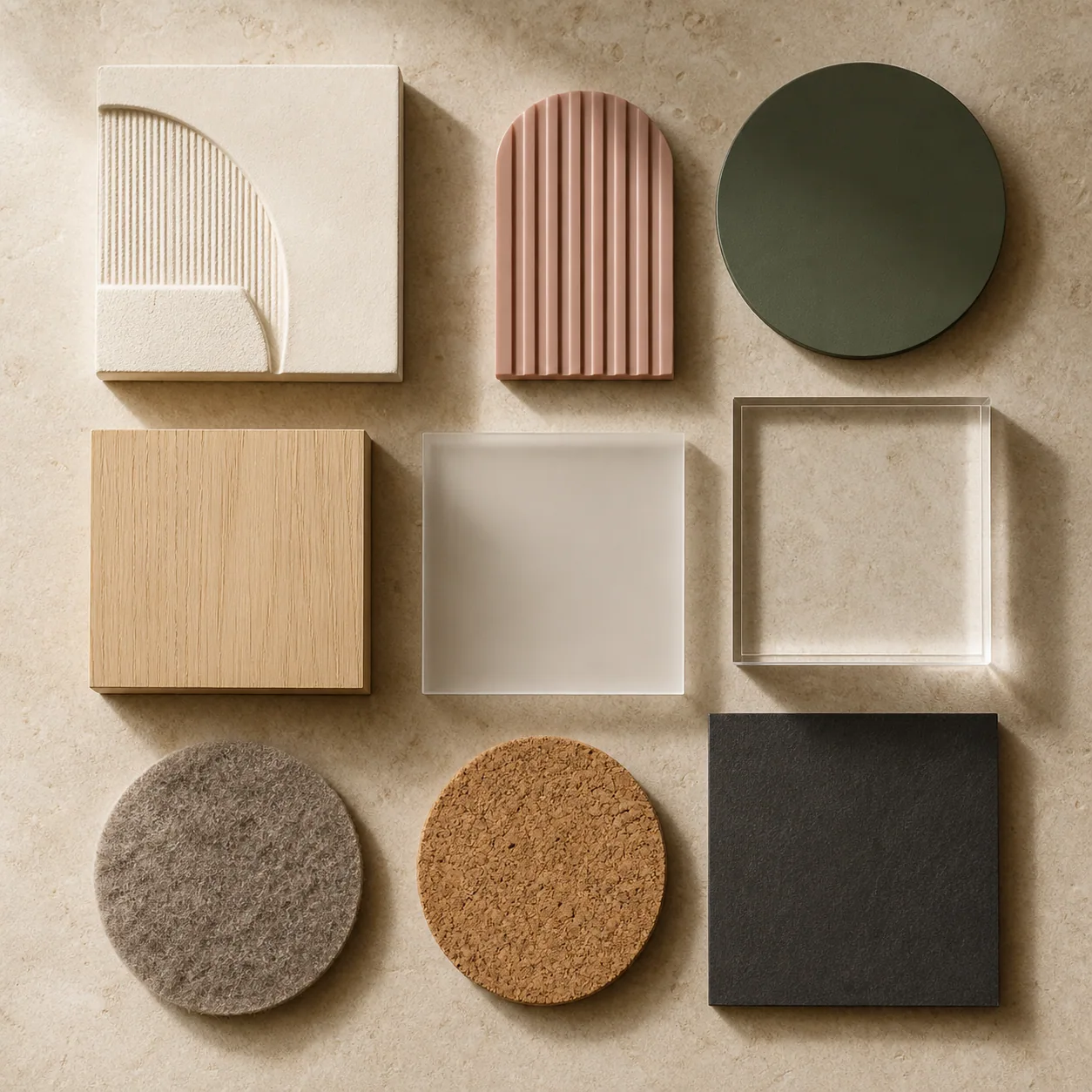 Concept imagery: ivory, clay, moss, timber, acrylic, felt, cork and museum-board material samples