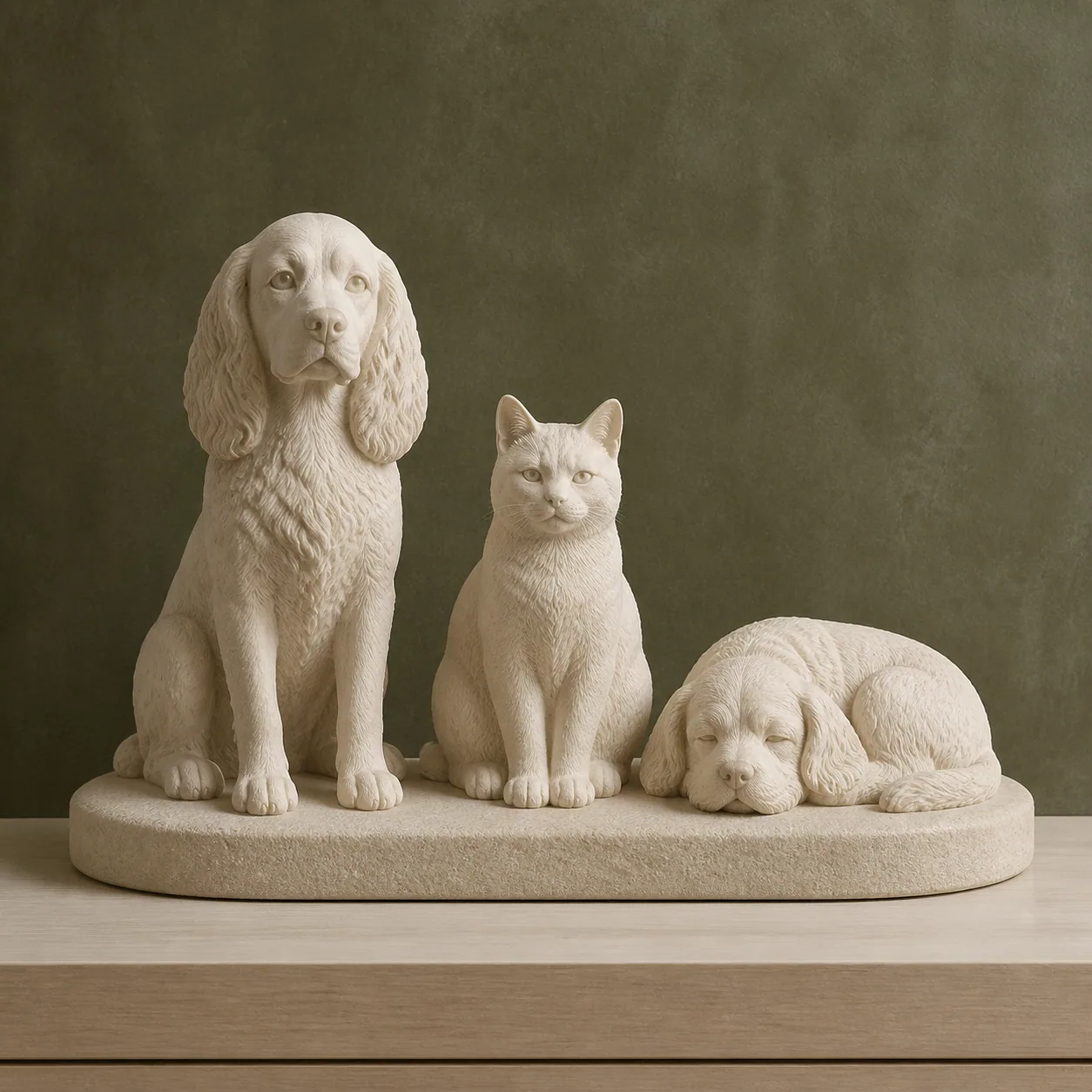 Concept imagery: three companion-animal portraits arranged on one quiet base