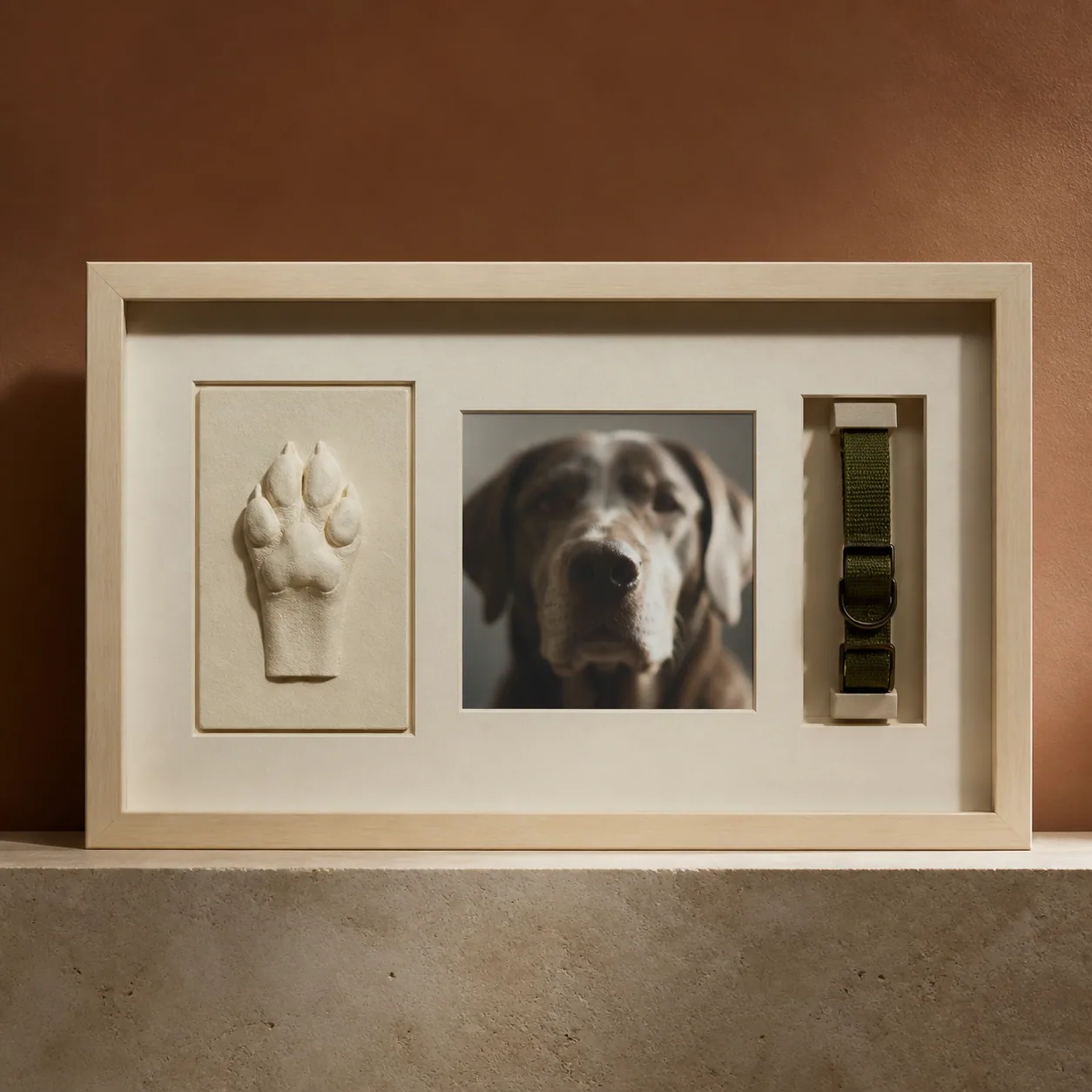 Concept imagery: front view of a paw relief, collar and photo display