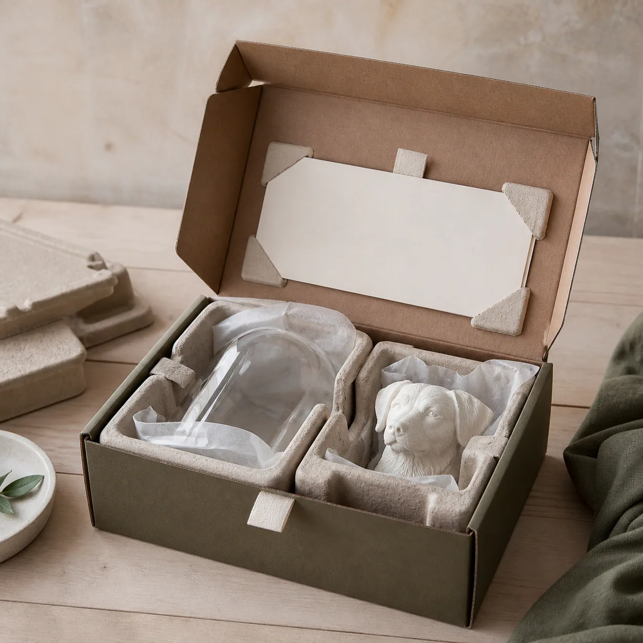 Concept imagery: a small portrait bust and acrylic dome nested in protective fibre packaging