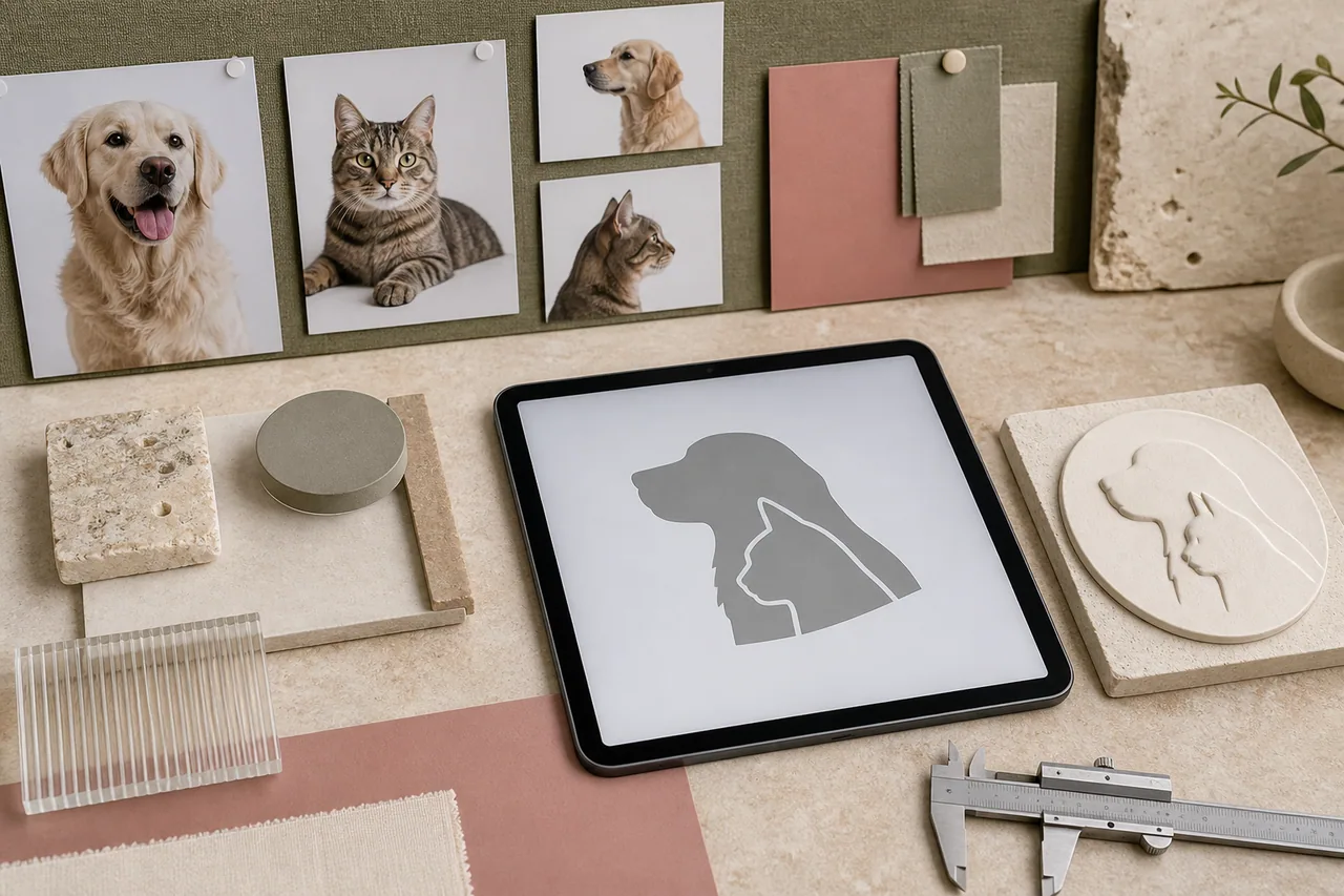 Concept imagery: reference photographs, a digital portrait proof and a small material test arranged on a studio table