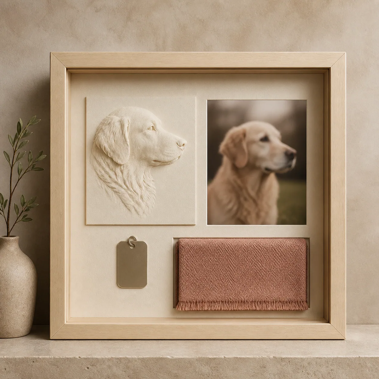 Concept imagery: front view of a restrained keepsake shadow-box archive